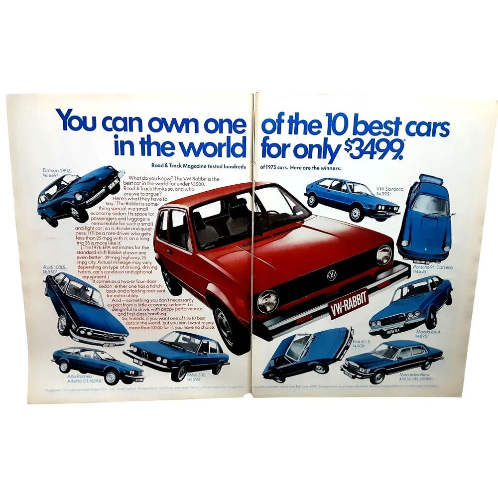 1976 VW Rabbit plus Audi Datsun BMW Mercedes Original Print Ad vintage 70s